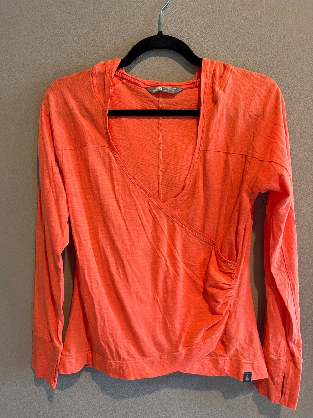 The North Face Orange Faux-Wrap Hooded Long Sleeve Tee